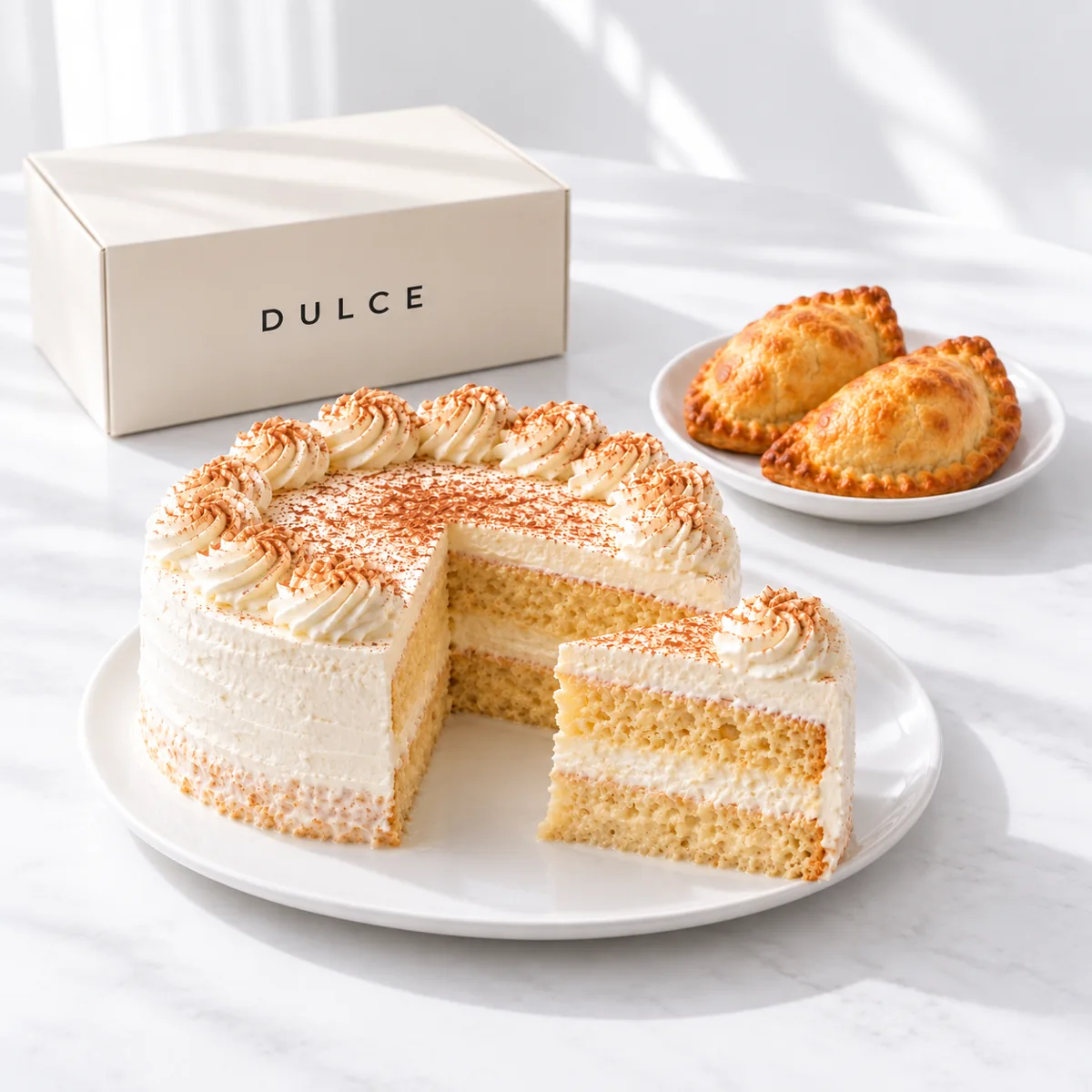 Torta de tres leches y empanadas peruanas con una caja DULCE